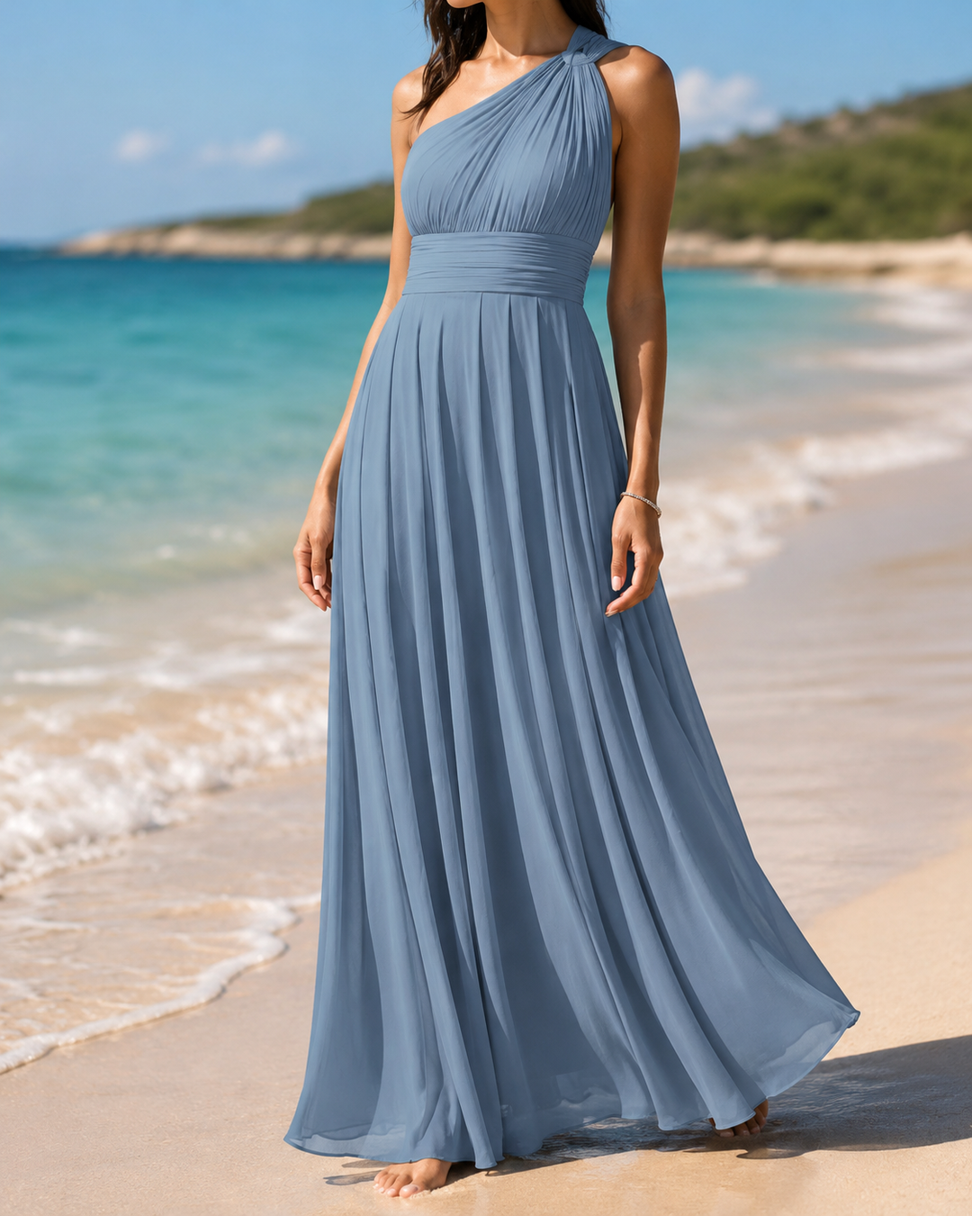 One Shoulder Chiffon Wedding Guest Maxi Dress