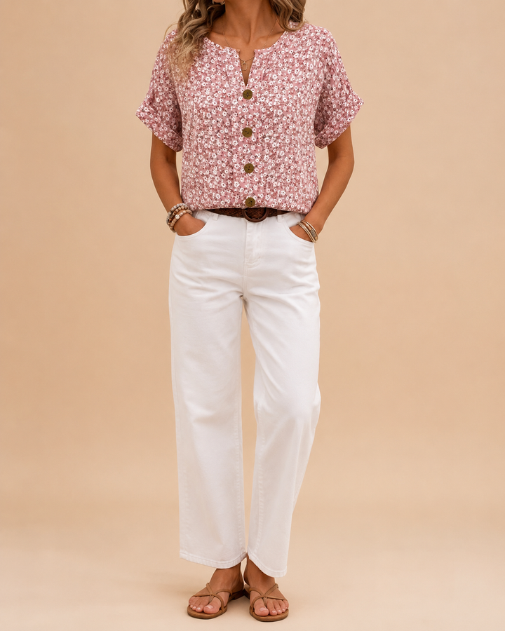 Botanical Jacquard V-Neck Short Sleeve Top