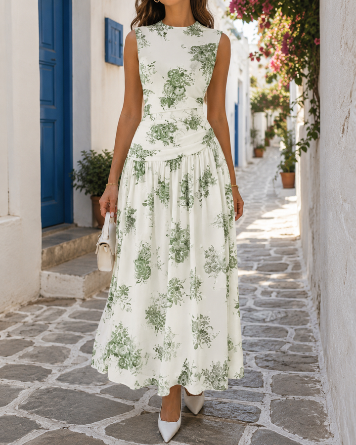 Printed Sleeveless Waist Cinching Midi Dress