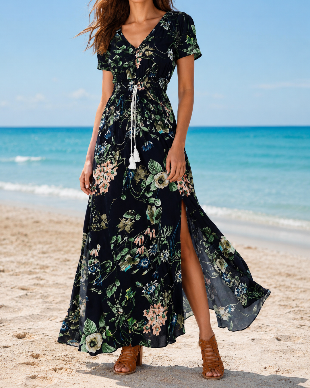 Bohemian Floral V-Neck Holiday Maxi Dress