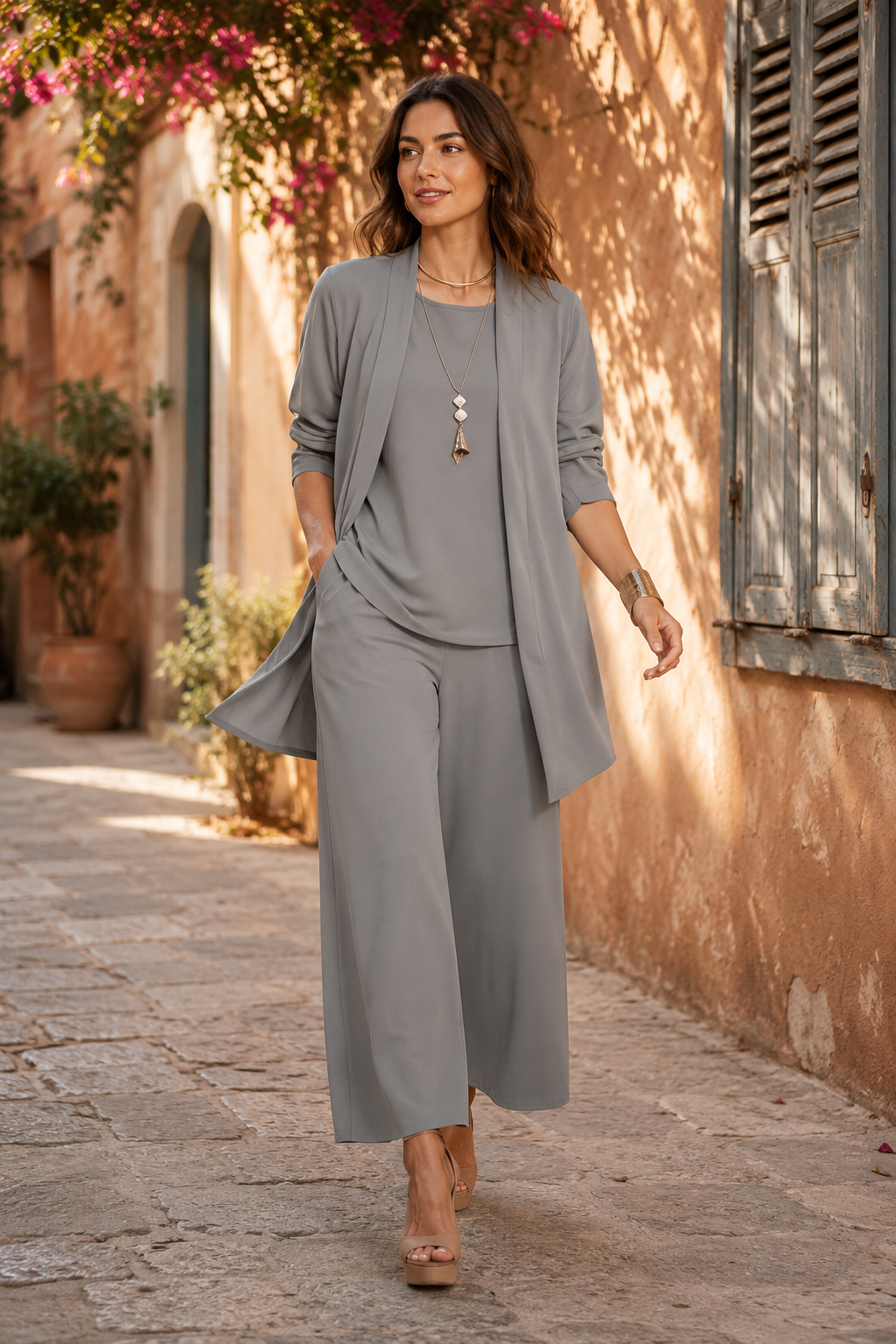 3-piece Cardigan Suit Pure Color Split Sleeveless Vest Top Long Sleeve Jacket And Wide Leg Pants Set