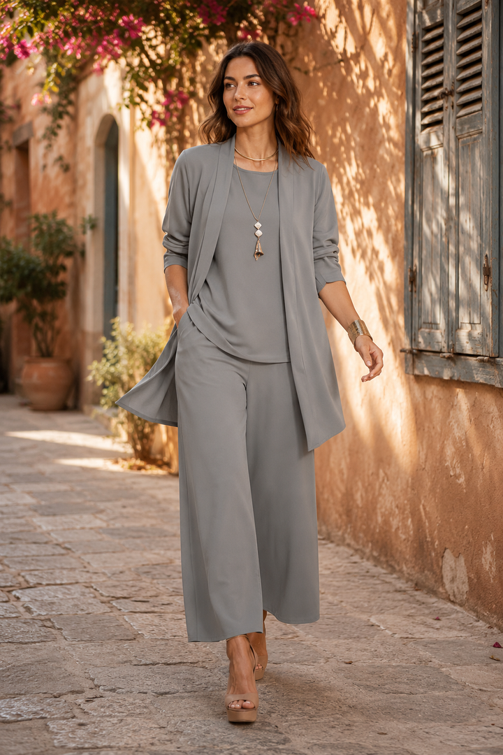 3-piece Cardigan Suit Pure Color Split Sleeveless Vest Top Long Sleeve Jacket And Wide Leg Pants Set