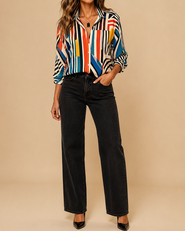 Abstract Print Lapel Short Sleeve Blouse