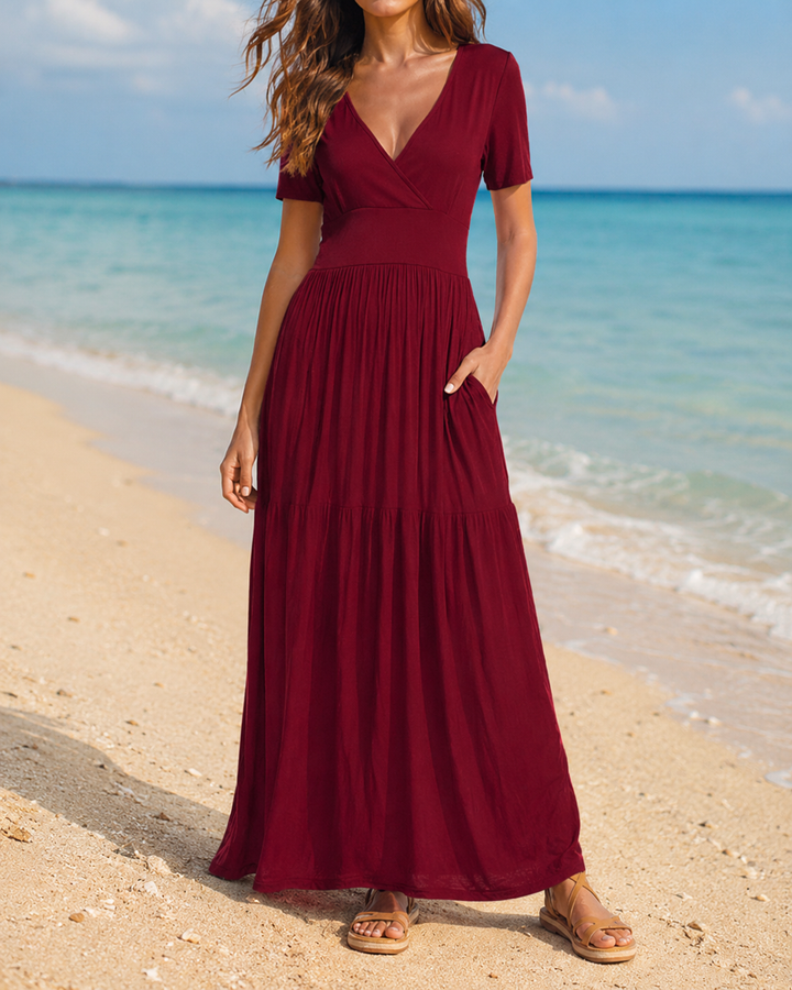 Printed V-Neck Short Sleeve Wrap Midi Dress