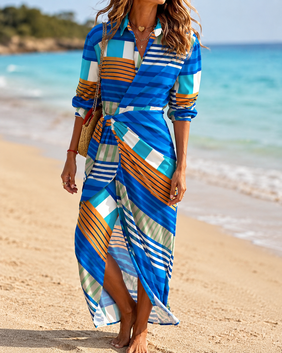Striped Shirt Collar Lace-Up Midi Dress