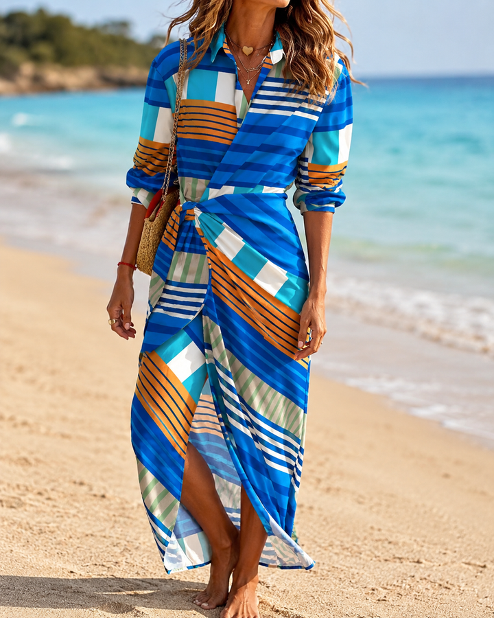 Striped Shirt Collar Lace-Up Midi Dress