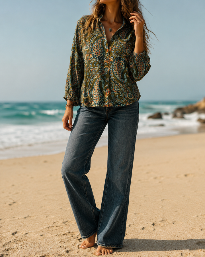 Abstract Print Lapel Short Sleeve Blouse