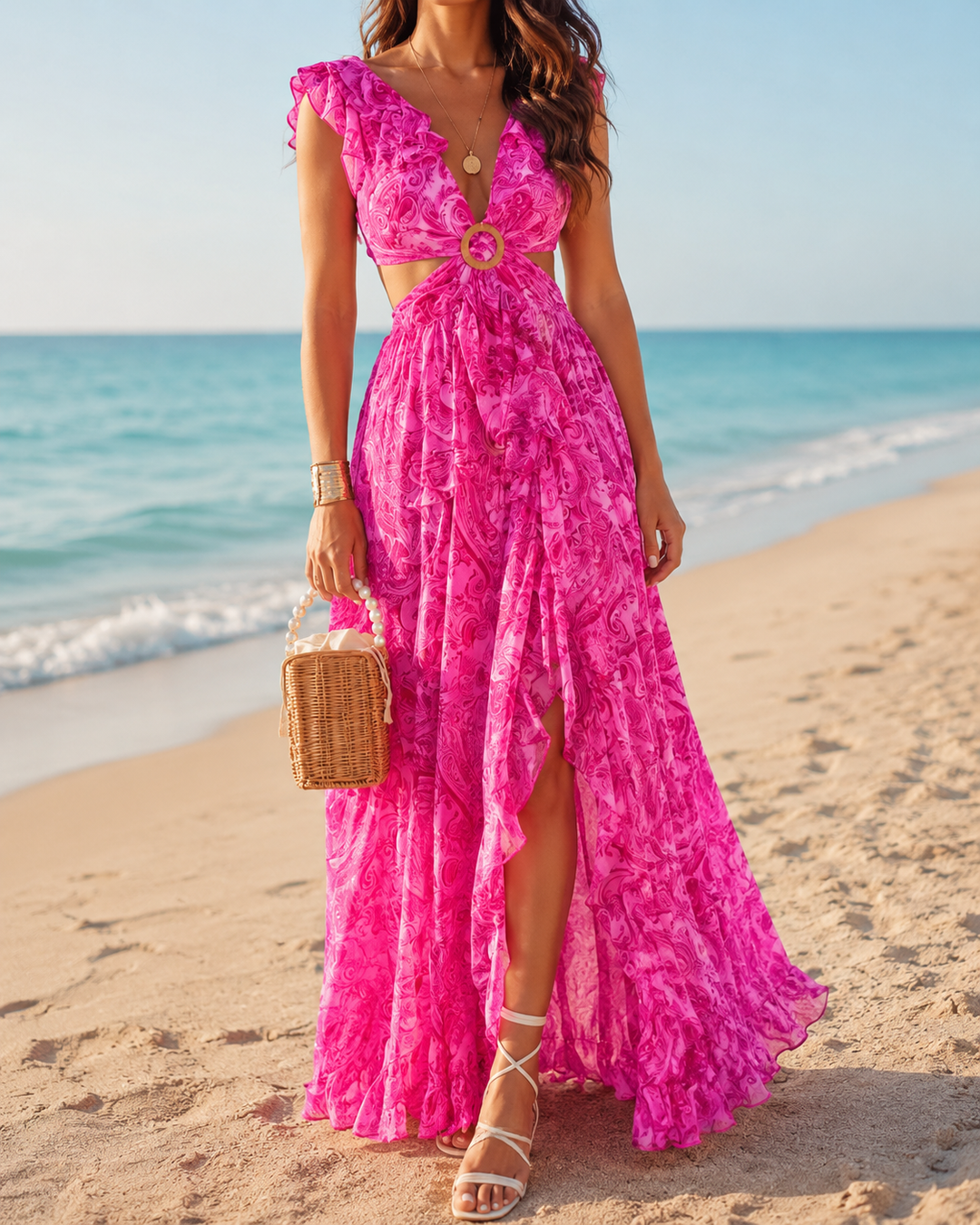 Deep V Pleated Cut-Out Maxi Dress