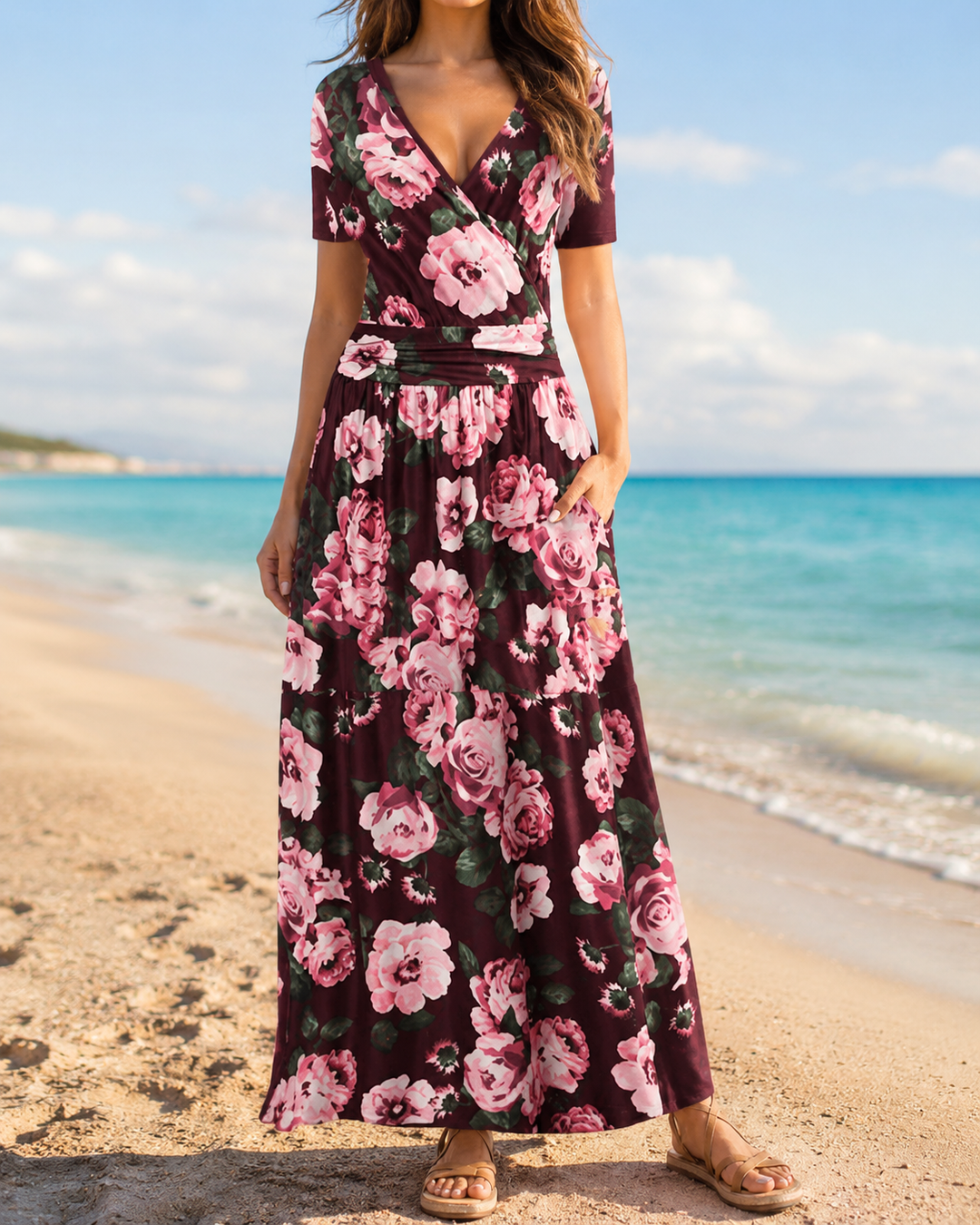 Printed V-Neck Short Sleeve Wrap Midi Dress