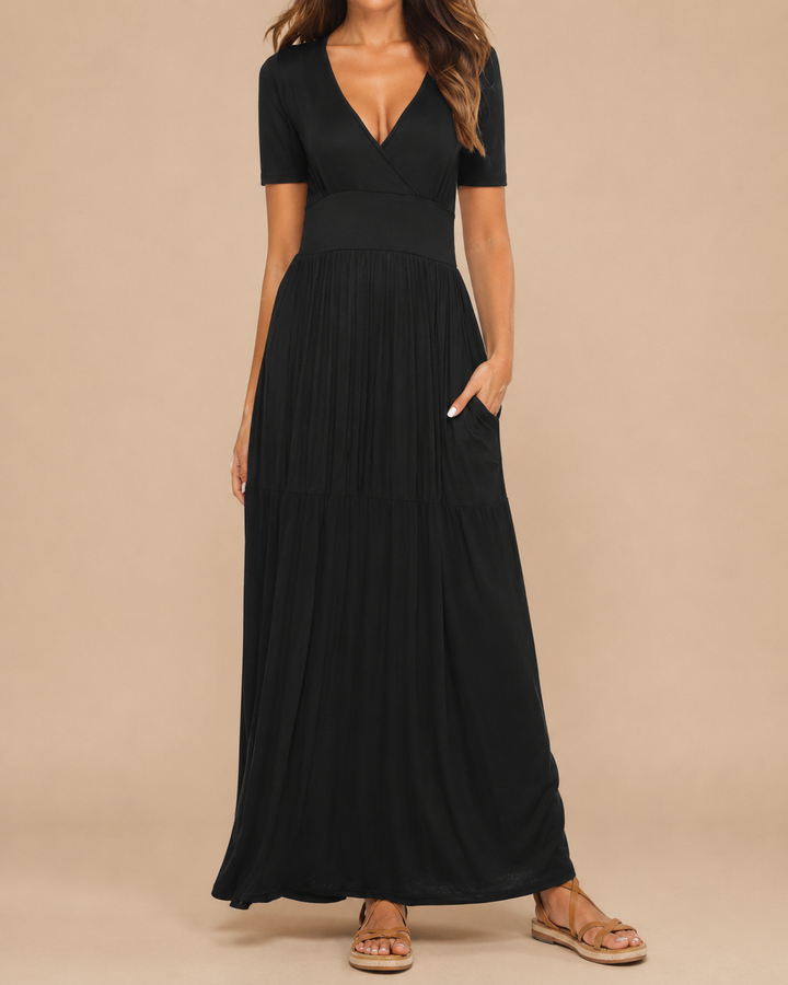 Printed V-Neck Short Sleeve Wrap Midi Dress