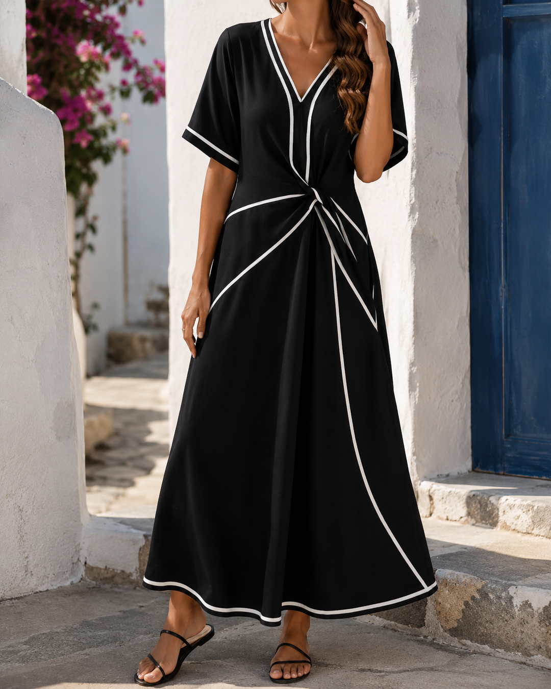 Striped Short Sleeve Beach Holiday Maxi Dress