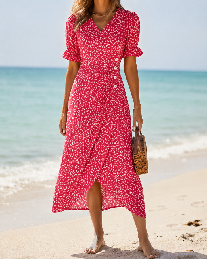 Floral V-Neck Irregular Hem Midi Dress