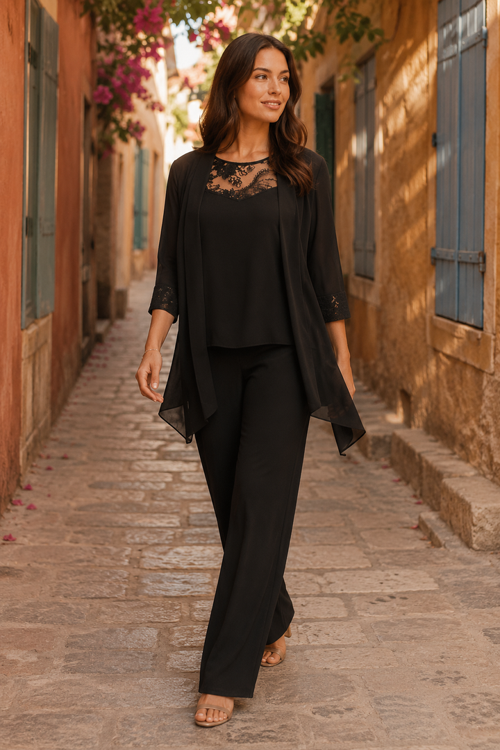 Round Neck Lace Chiffon Patchwork Cardigan Straight-leg Pants Three-piece Suit