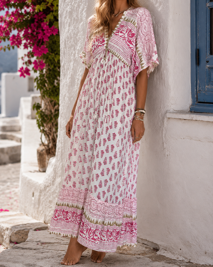 Floral V-Neck Drawstring Summer Midi Dress