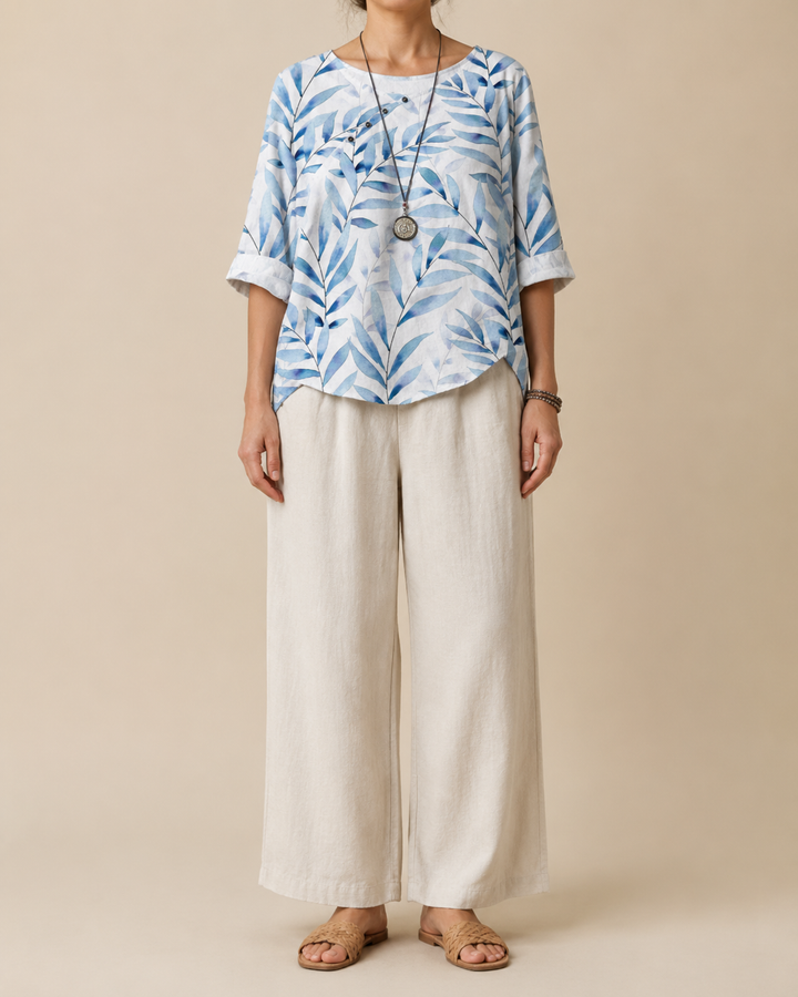 Printed Round Neck Three-Quarter Sleeve Top
