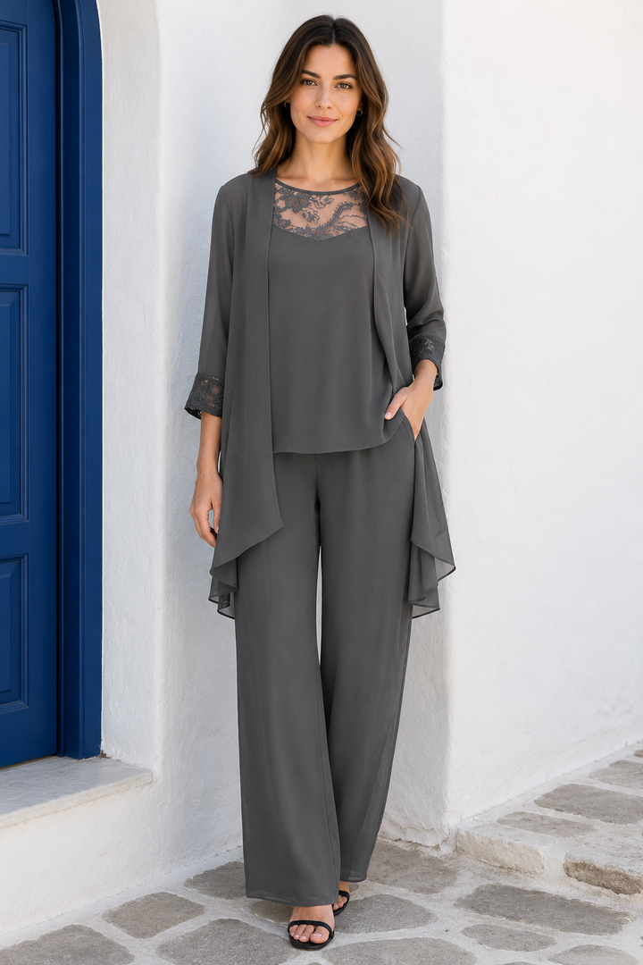 Round Neck Lace Chiffon Patchwork Cardigan Straight-leg Pants Three-piece Suit