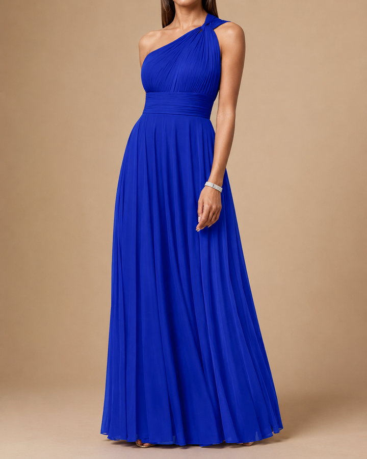 One Shoulder Chiffon Wedding Guest Maxi Dress