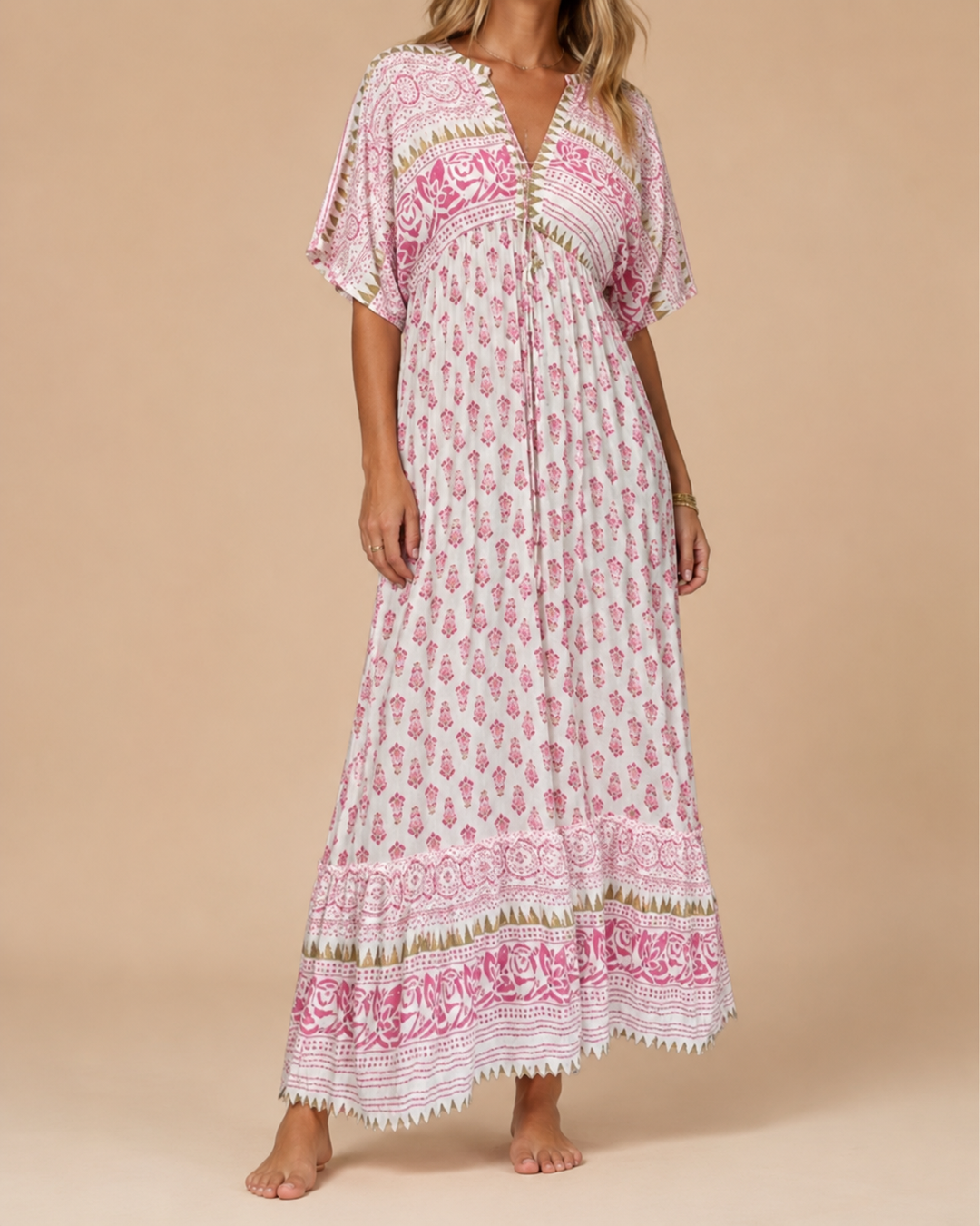 Floral V-Neck Drawstring Summer Midi Dress