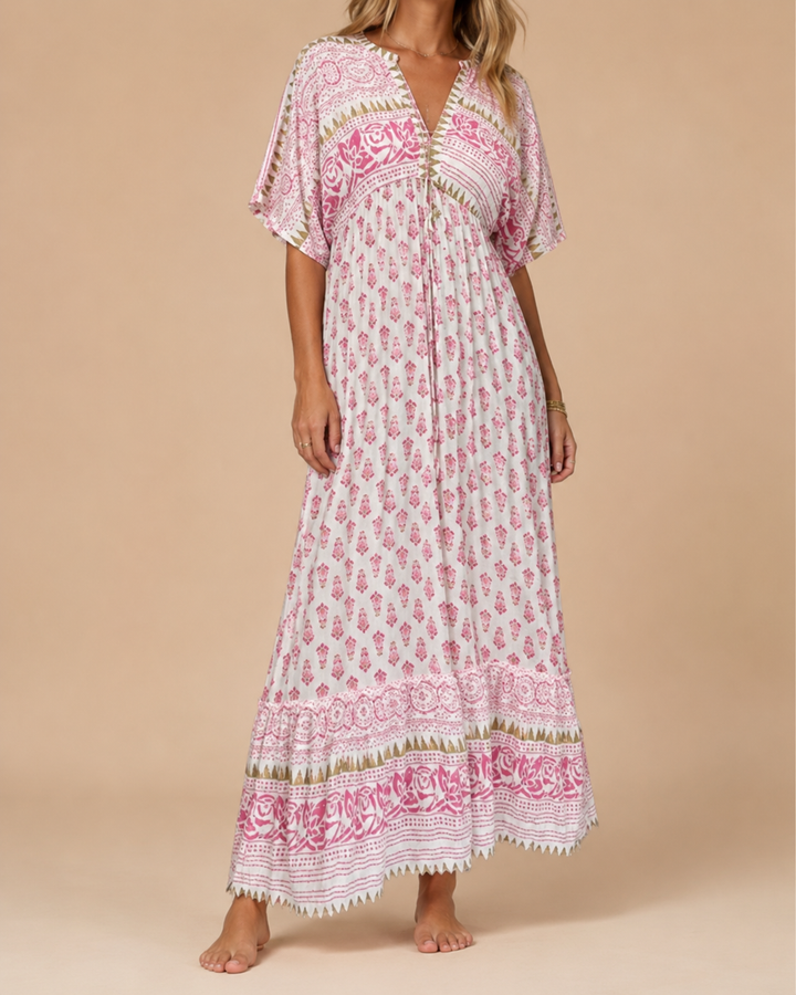 Floral V-Neck Drawstring Summer Midi Dress