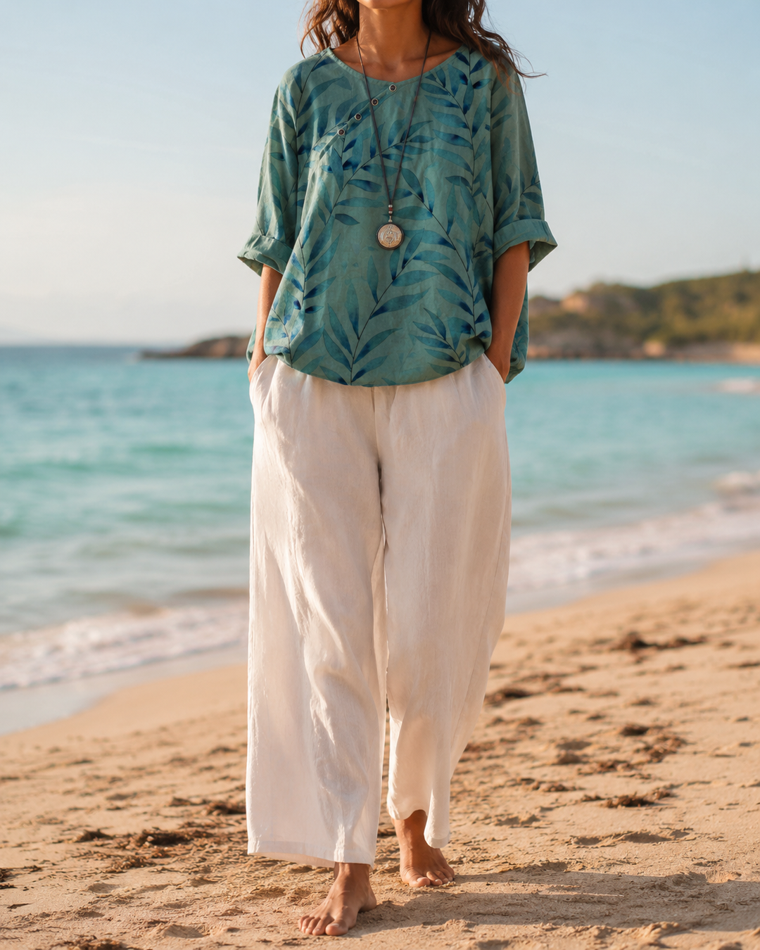 Printed Round Neck Three-Quarter Sleeve Top