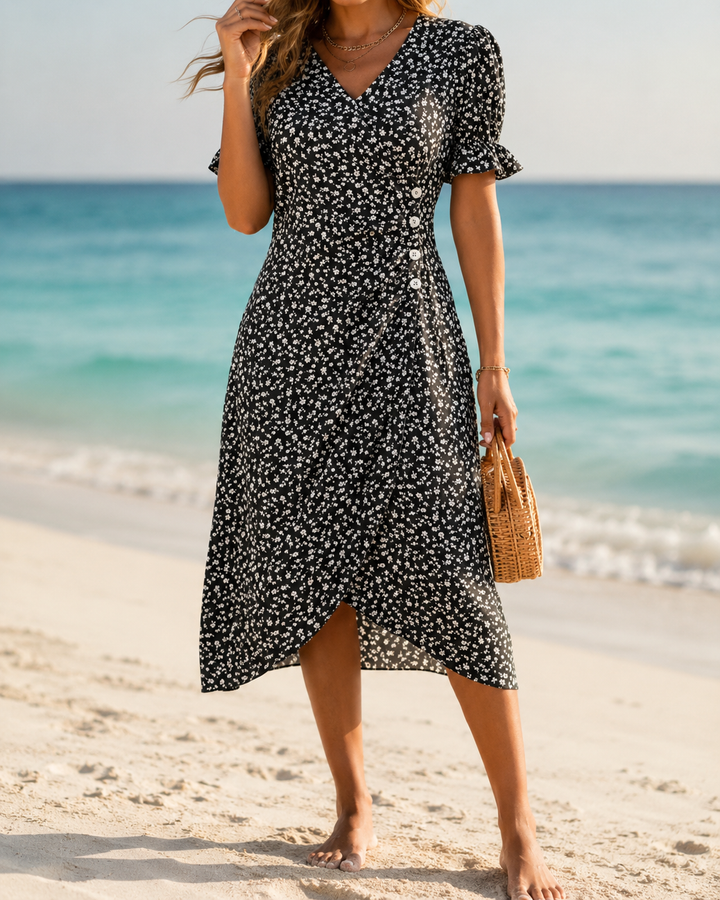 Floral V-Neck Irregular Hem Midi Dress