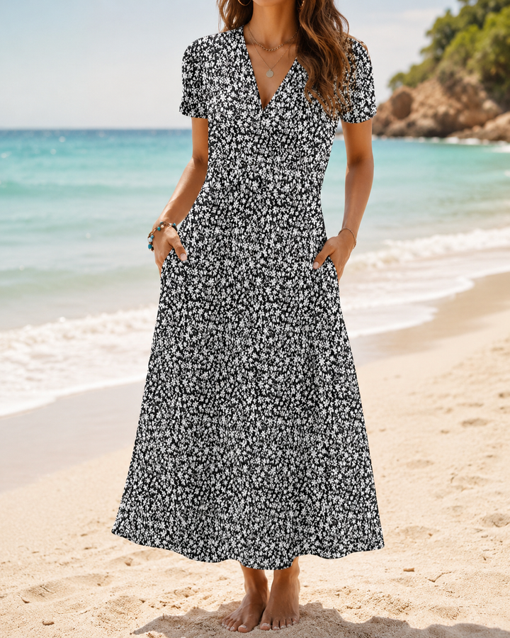 V-Neck Short Sleeve Summer Midi Dress