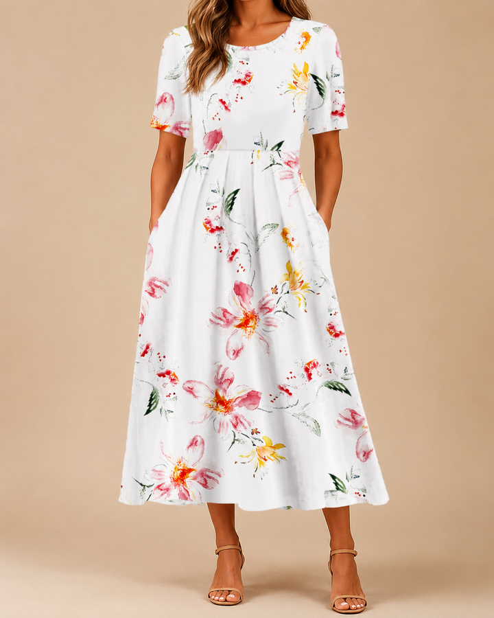 Abstract Print Round Neck Summer Midi Dress