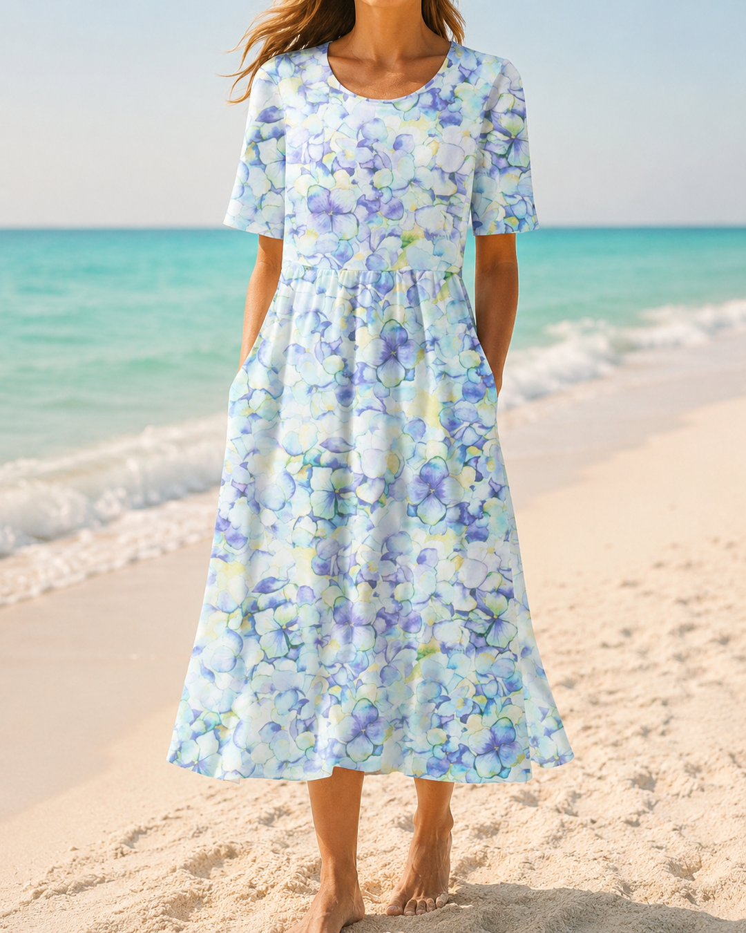 Abstract Print Round Neck Summer Midi Dress