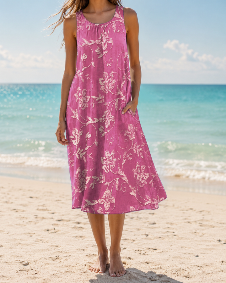 Round Neck Short Sleeve Summer Midi Dress