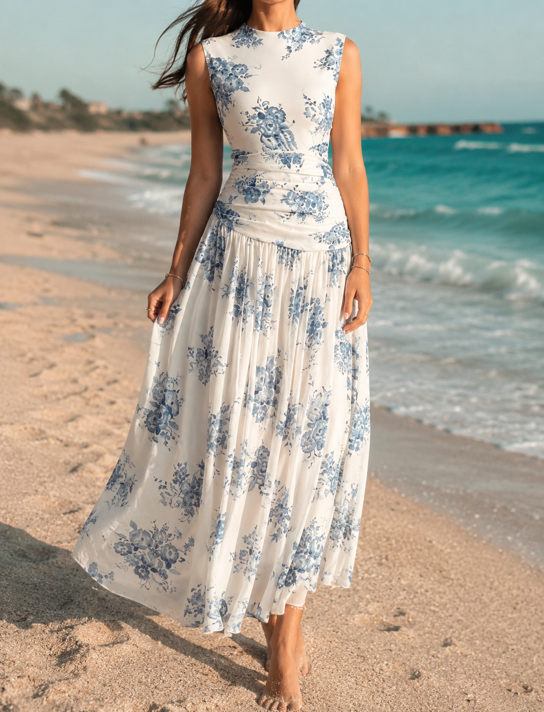 Printed Sleeveless Waist Cinching Midi Dress