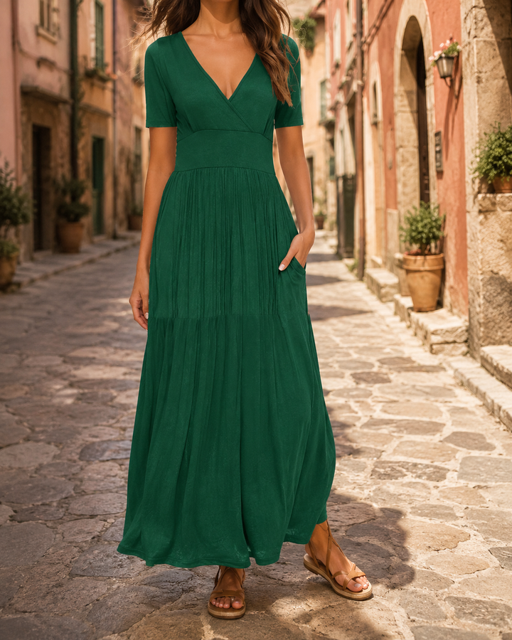 Printed V-Neck Short Sleeve Wrap Midi Dress