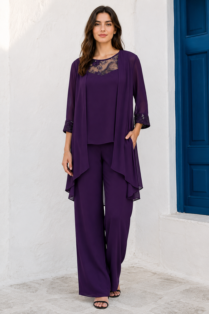 Round Neck Lace Chiffon Patchwork Cardigan Straight-leg Pants Three-piece Suit