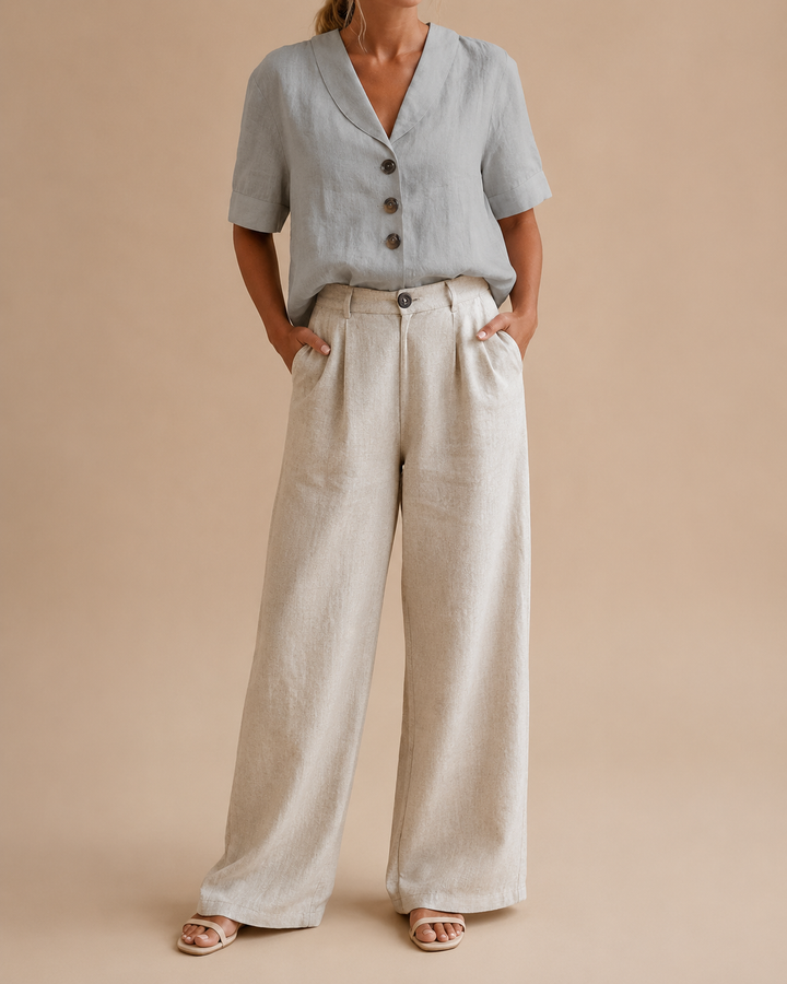 V-Neck Button Front Short Sleeve Blouse