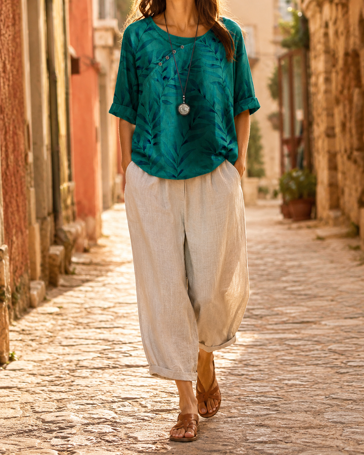 Printed Round Neck Three-Quarter Sleeve Top