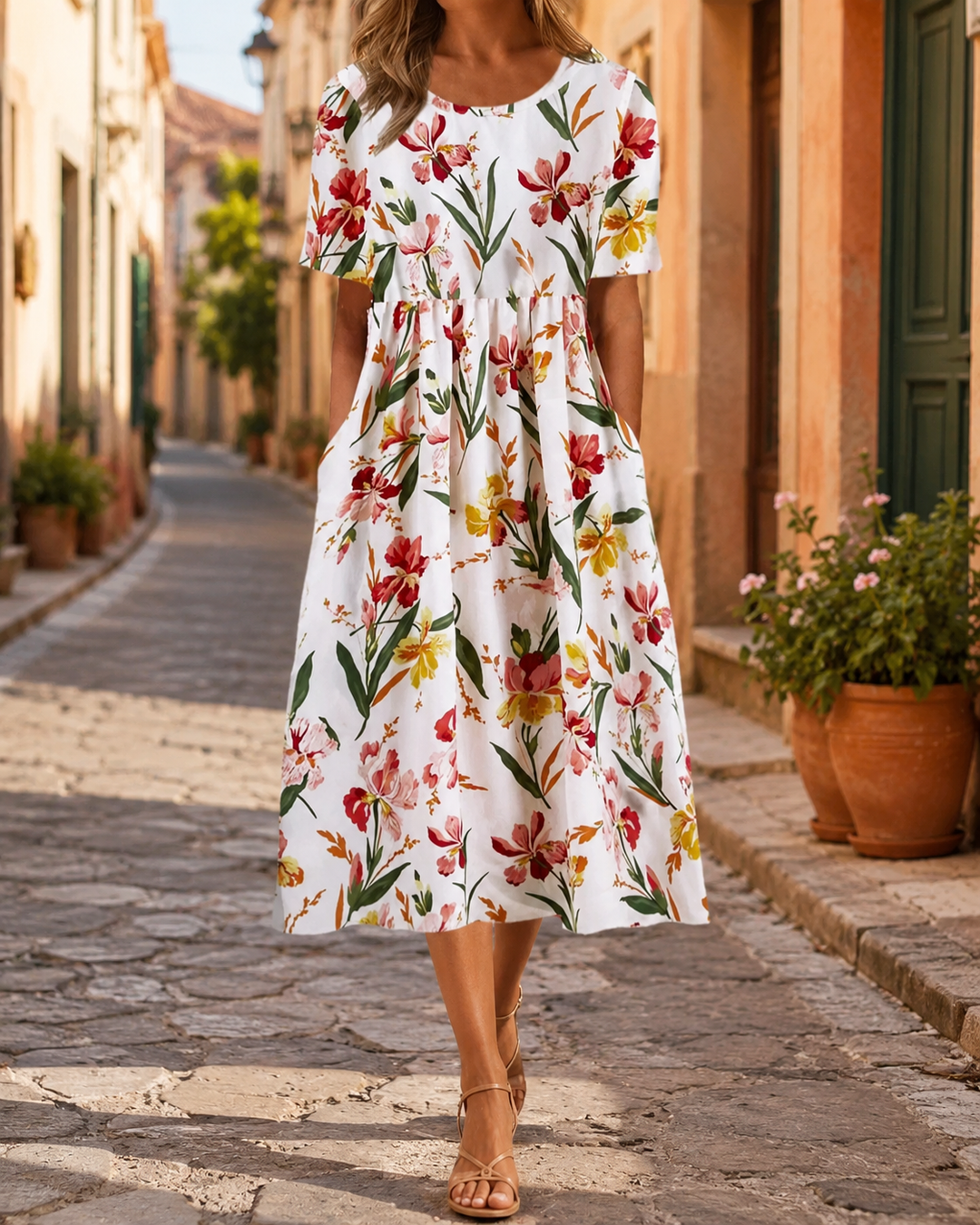 Abstract Print Round Neck Summer Midi Dress