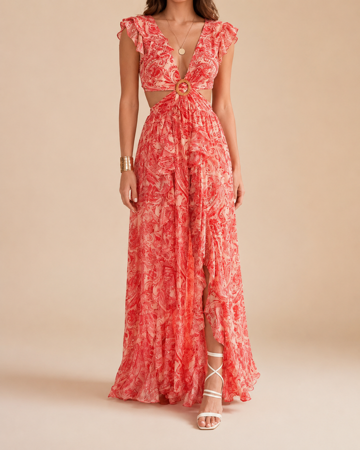 Deep V Pleated Cut-Out Maxi Dress