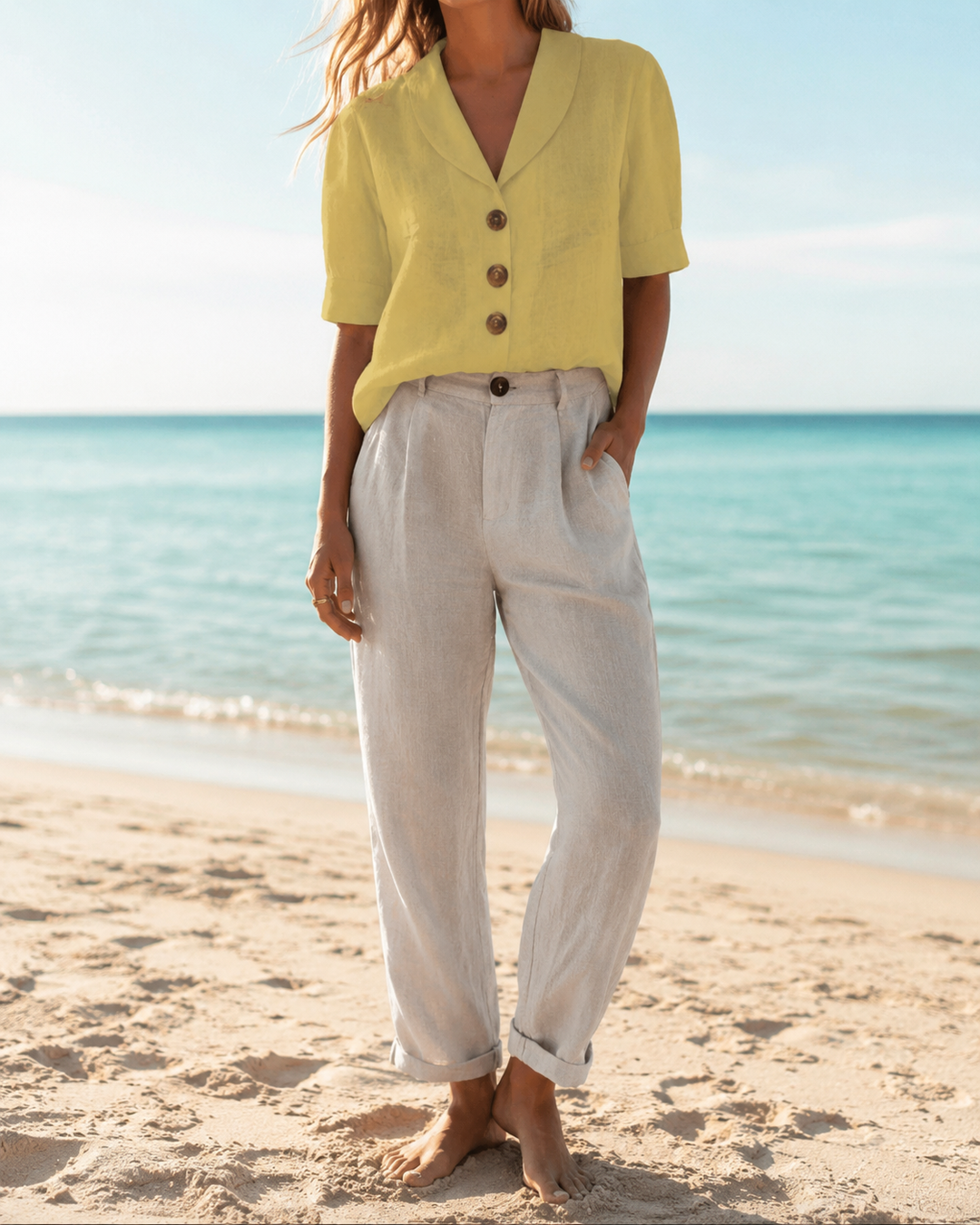 V-Neck Button Front Short Sleeve Blouse