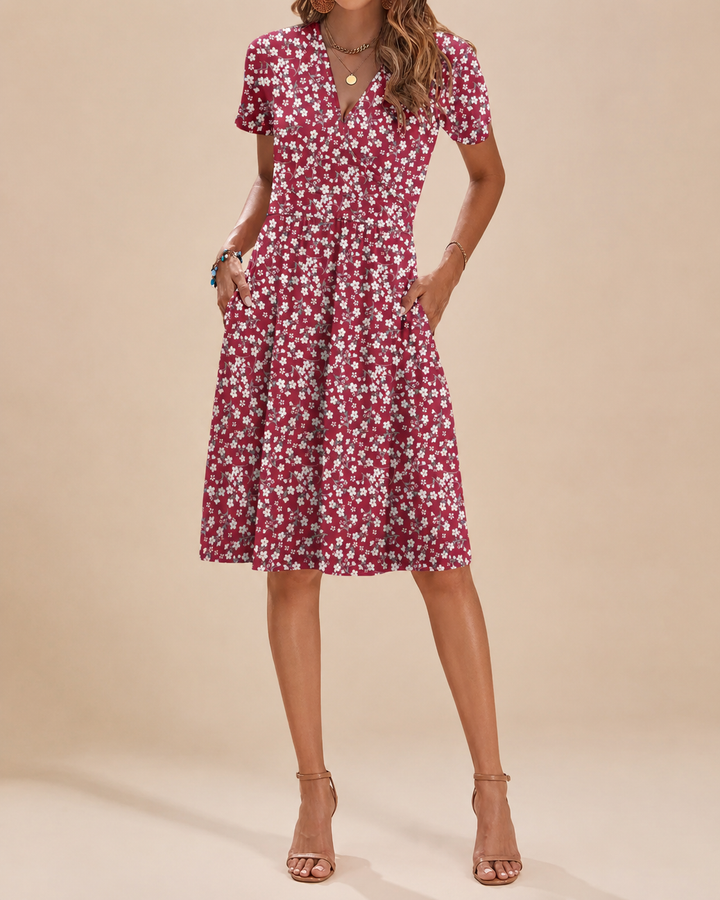 V-Neck Short Sleeve Summer Midi Dress