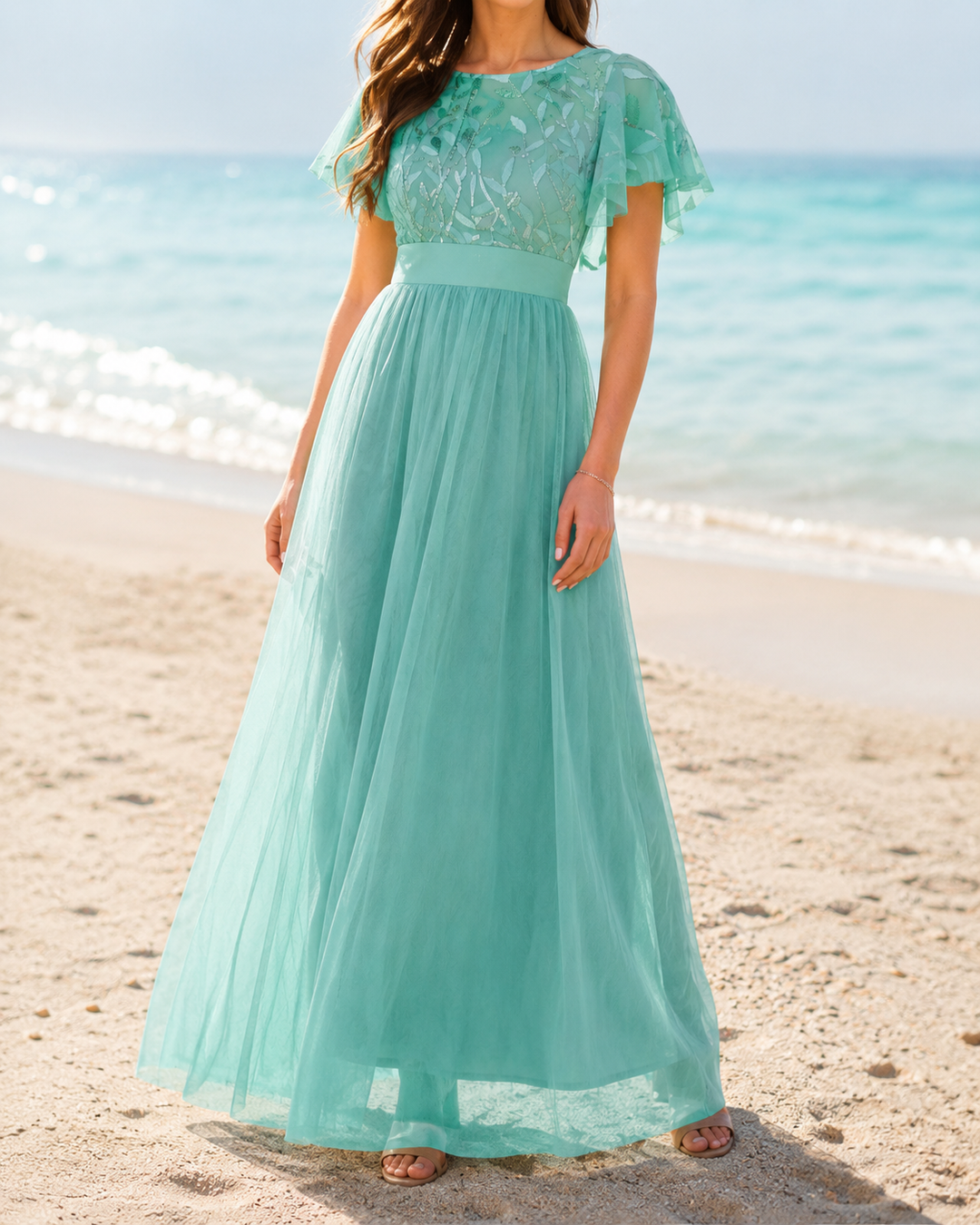 Round Neck Short Sleeve Sequin Occasion Midi Dress